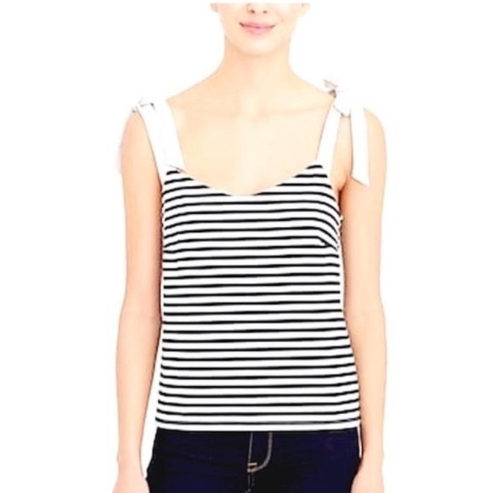 JCrew Navy White Striped Tie Shoulder Top